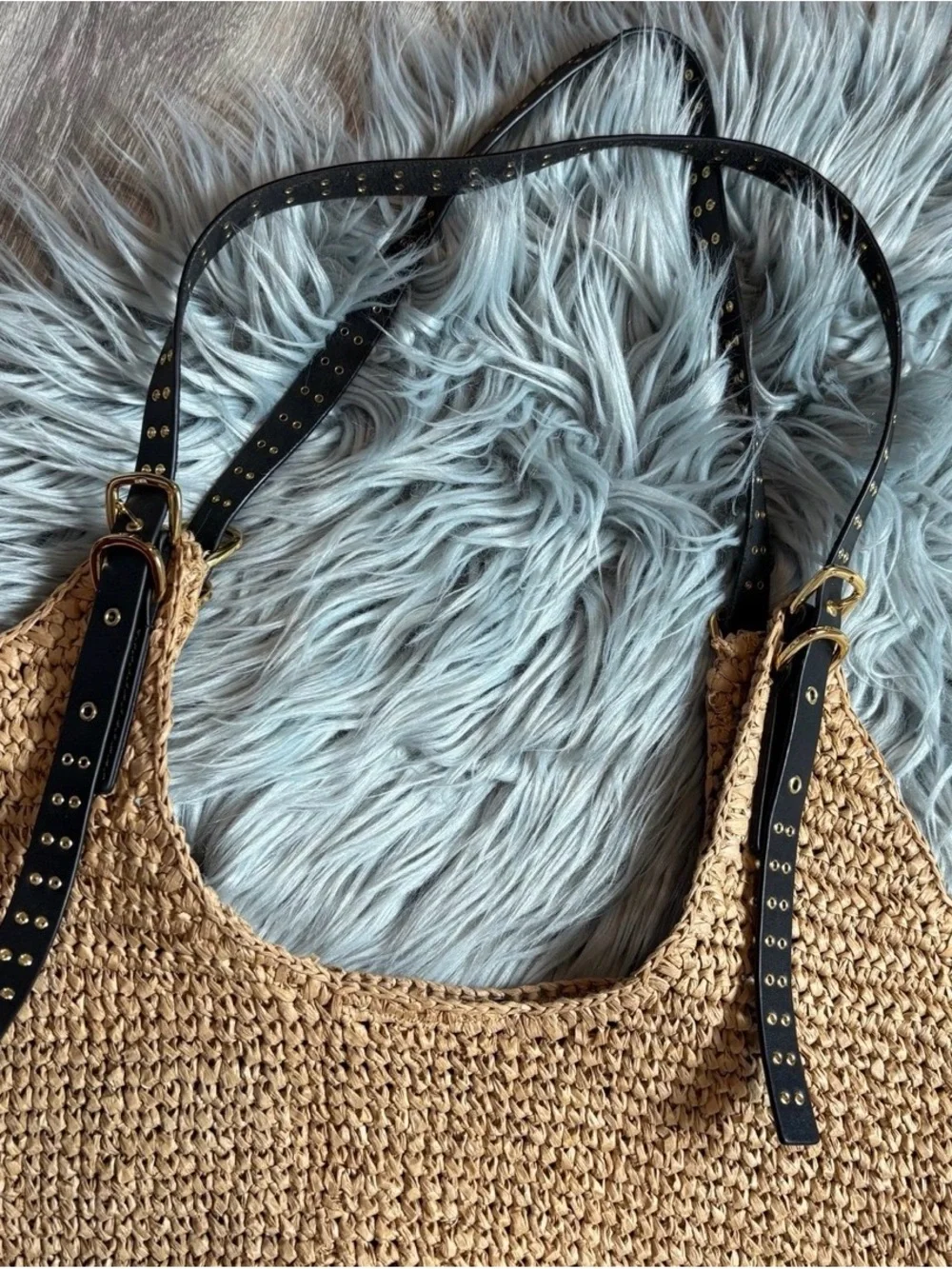 Madewell Woven Straw Tote Bag with Black Studded Straps